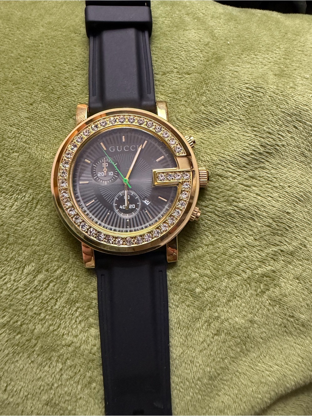 Gucci Gold-Tone Crystal Bezel Watch with Black Strap